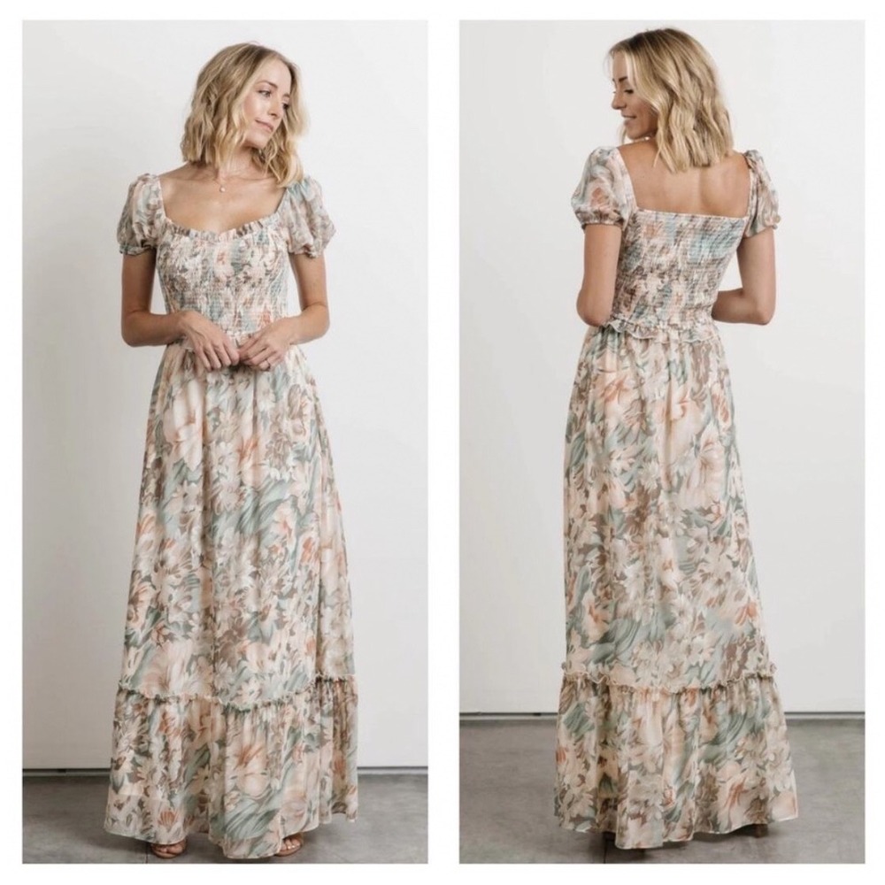 Baltic Born Larissa Maxi Dress M Floral Sage Peach Puff Sleeve Cottagecore Fairy